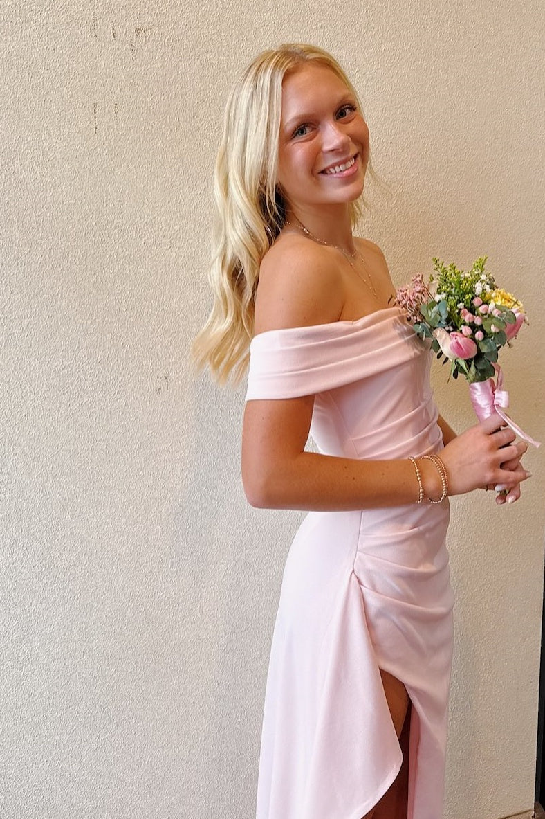Pink Off the Shoulder Frill Slit Long Dress
