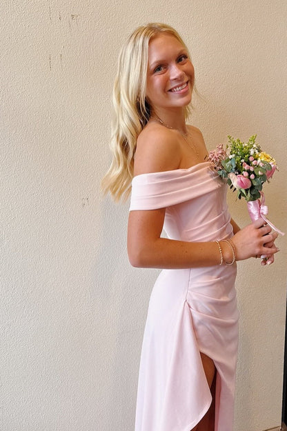 Pink Off the Shoulder Frill Slit Long Dress