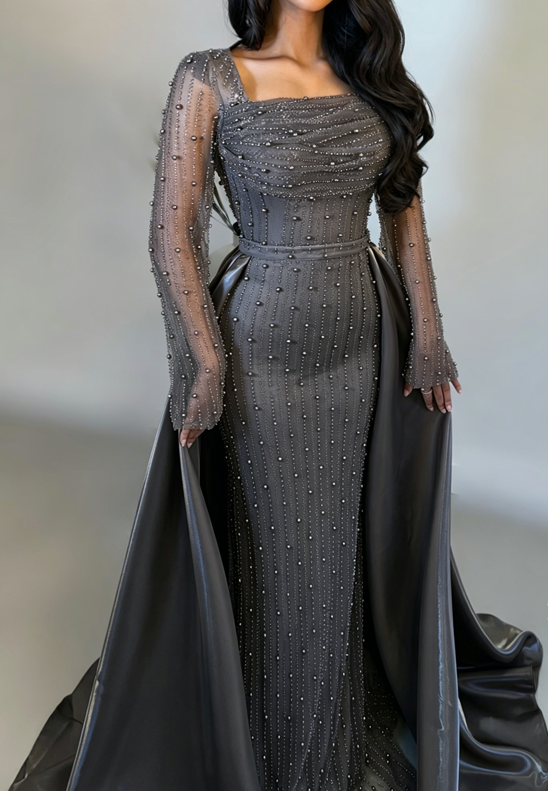 Sheath Square Neck Long Sleeves Beaded Sweep Train Evening Dress