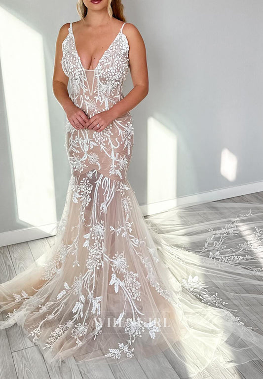 V Neck Embroidery Tulle Sleeveless Chapel Trian Mermaid Wedding Dress