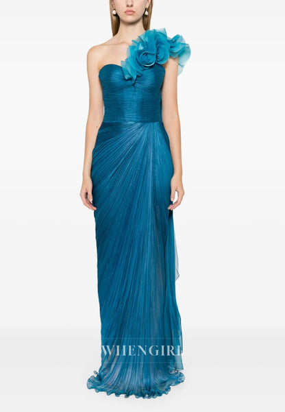 One Shoulder Floral Ruched Sheath Evening Dress