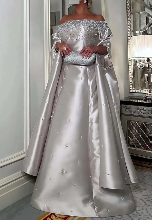 Silver Off Shoulder Beaded Sheath Bell Sleeves Long Formal Evening Dress