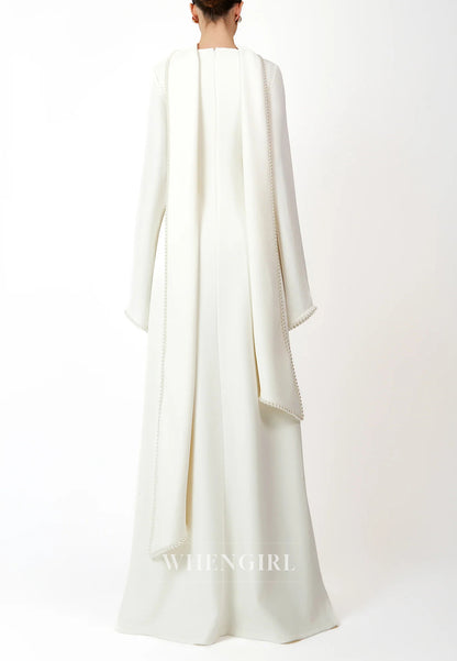 Column Bateau Neck Long Sleeves Pearl Beading Evening Dress with Scarf