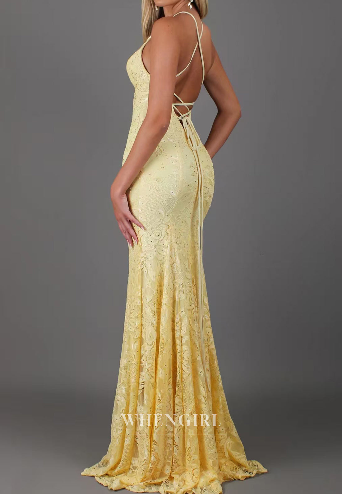 Yellow V Neck Sleeveless Cross Back Mermaid Lace Prom Dress