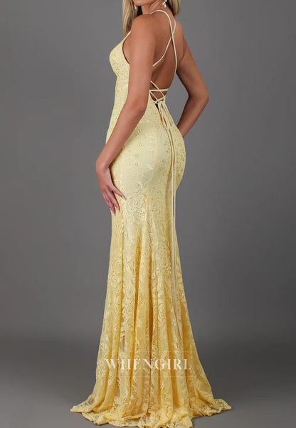Yellow V Neck Sleeveless Cross Back Mermaid Lace Prom Dress