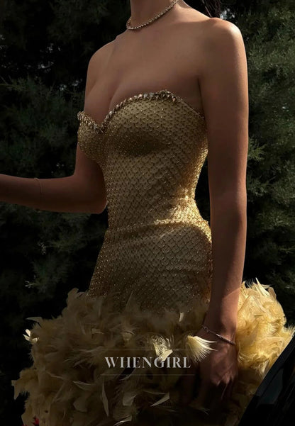 Sheath Beaded Feather Sleeveless Sweetheart Strapless Homecoming Dress
