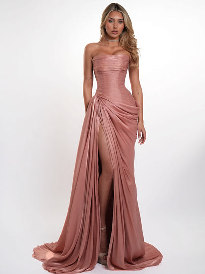 Graceful Sleeveless Split Pleated Prom Dress