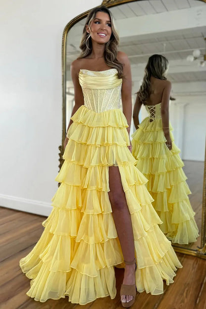Gorgeous A Line Strapless Daffodial Tiered Chiffon Prom Evening Dresses with Hot Stone
