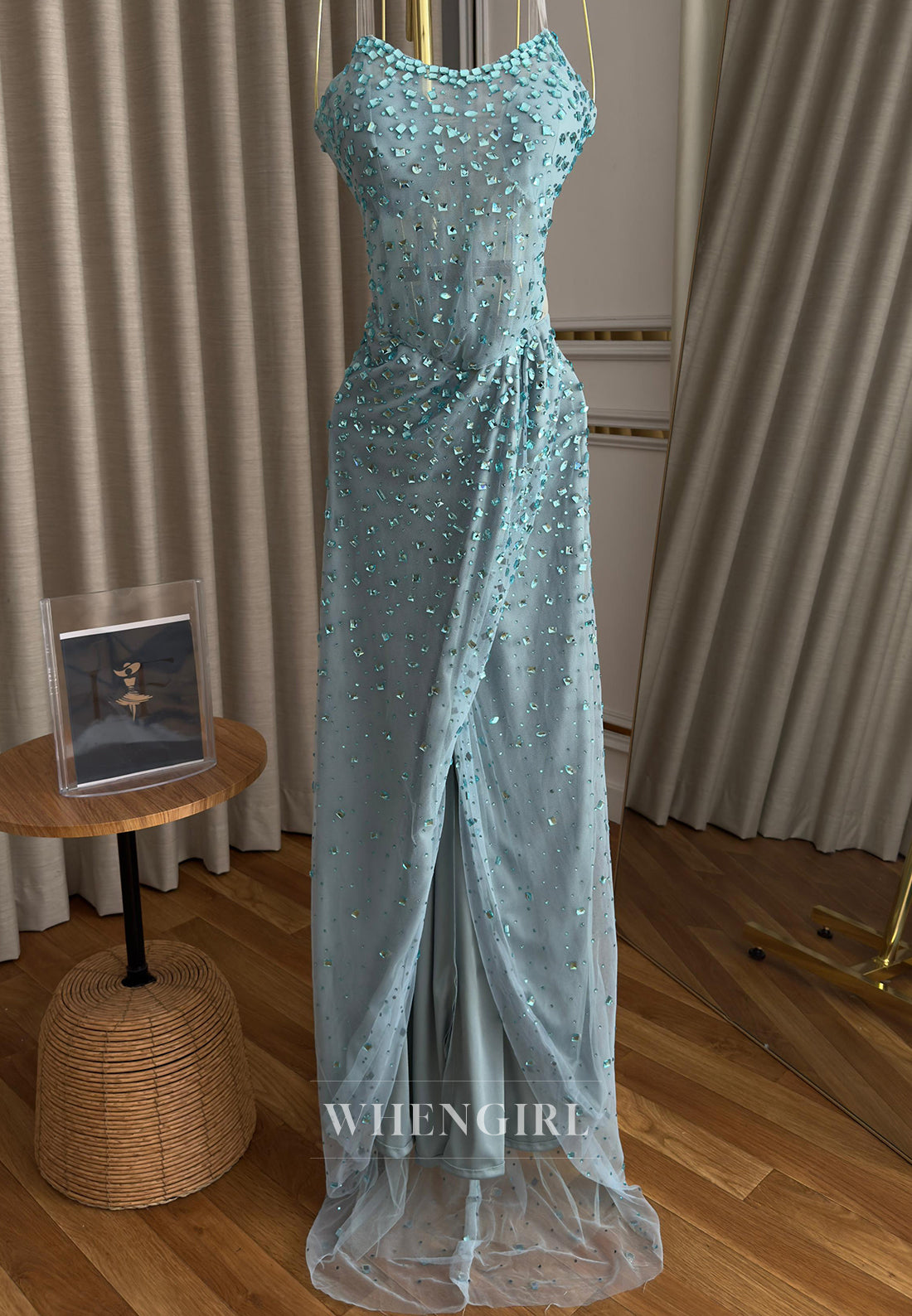 Sheath Full Beaded Strapless Sleeveless Pleated Side Slit Formal Prom Dress