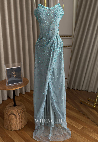 Sheath Full Beaded Strapless Sleeveless Pleated Side Slit Formal Prom Dress