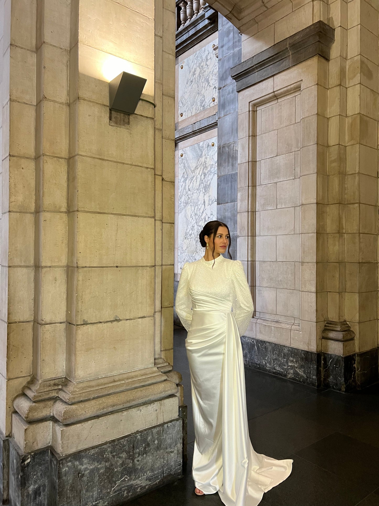 Simple High Neck Long Sleeves Ruched Sheath Wedding Dress