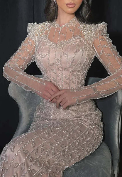 High Neck Long Sleeves Beaded Sheath Floor Length Formal Dress Evening Gown
