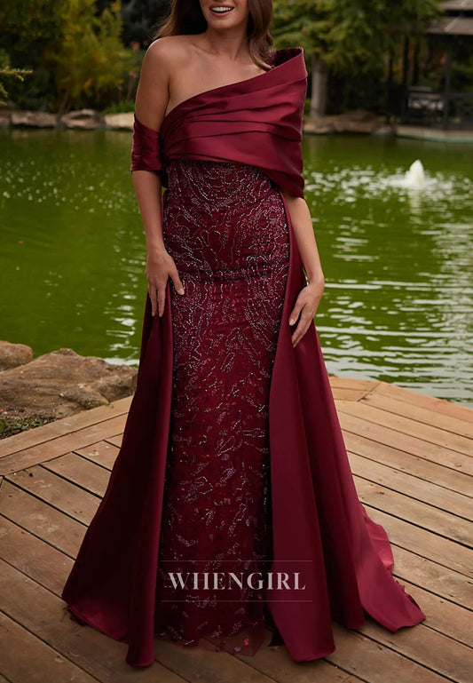 Burgundy Asymmetrical Neck Beaded Sheath Mother of the Bride Dress with Train