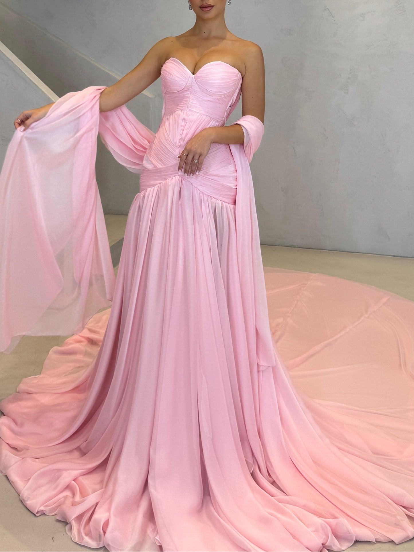 Pink Draped Sweetheart Ruched Evening Dress With Cape