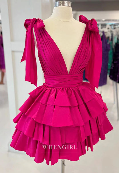 A-Line V Neck Sleeveless Multi Tiered Zipper Back Sleeveless Short Homecoming Dress