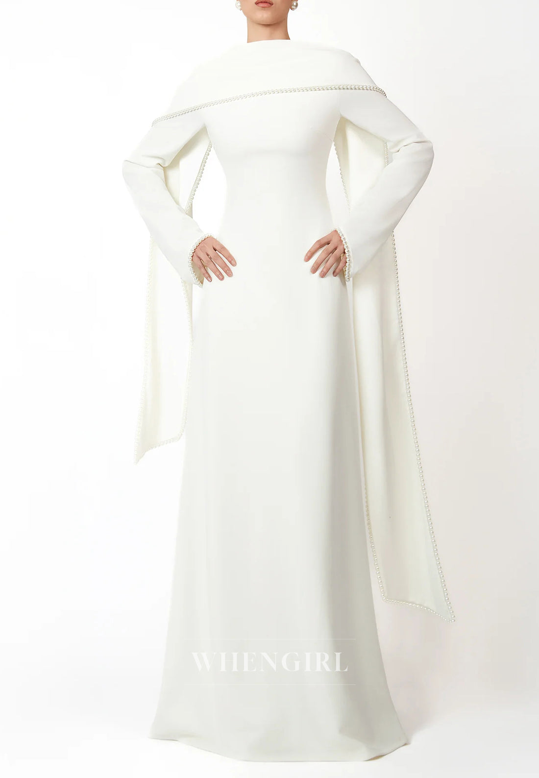 Column Bateau Neck Long Sleeves Pearl Beading Evening Dress with Scarf