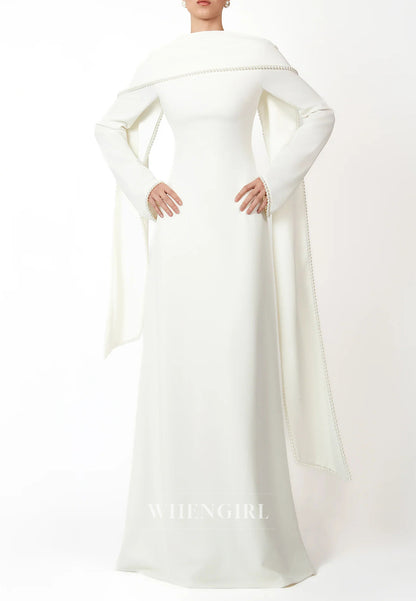 Column Bateau Neck Long Sleeves Pearl Beading Evening Dress with Scarf