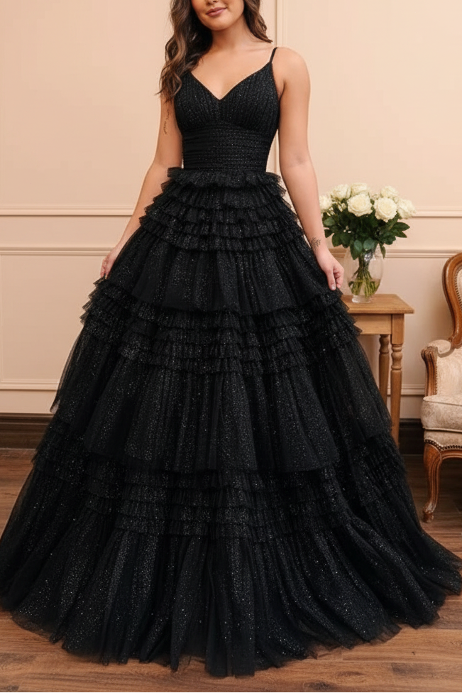 Long Black Tulle Prom Dress Sparkly V Neck Sleeveless Gown