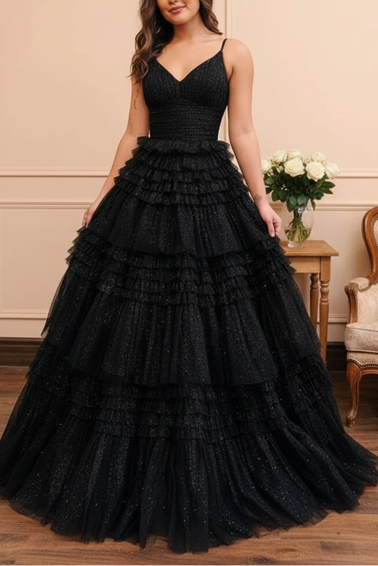 Long Black Tulle Prom Dress Sparkly V Neck Sleeveless Gown