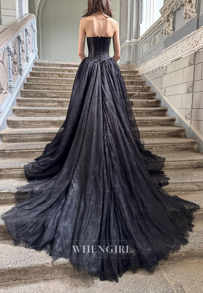 Black A-Line Tube Top Sleeveless Chapel Train Lace Up Lace Wedding Dress