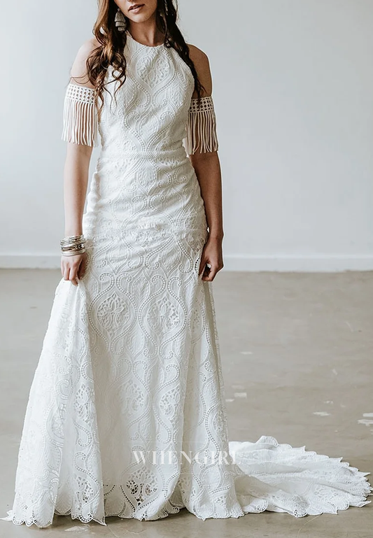 Sheath Halter Lace Tassel Sleeveless Sweep Train Beach Boho Wedding Dress