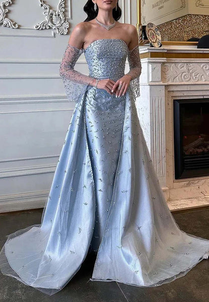 Sky Blue Off Shoulder Beaded Illusion Long Sleeves Sheath Sweep Train Formal Dress Evening Gown