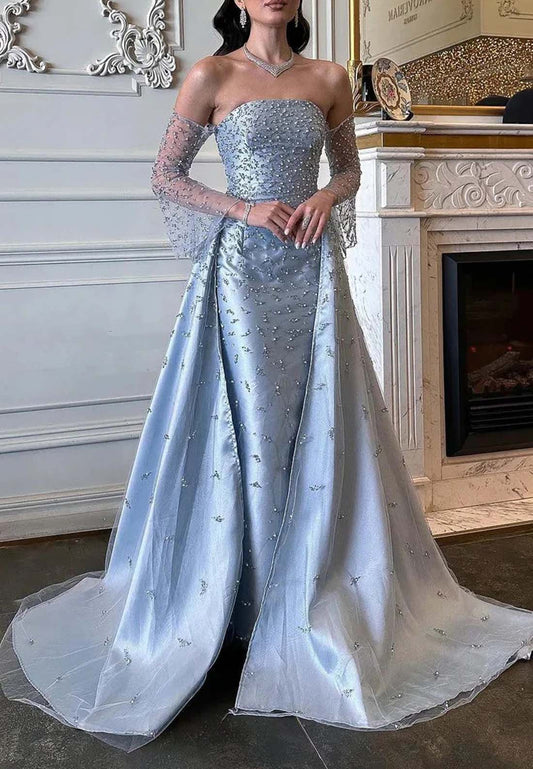 Sky Blue Off Shoulder Beaded Illusion Long Sleeves Sheath Sweep Train Formal Dress Evening Gown