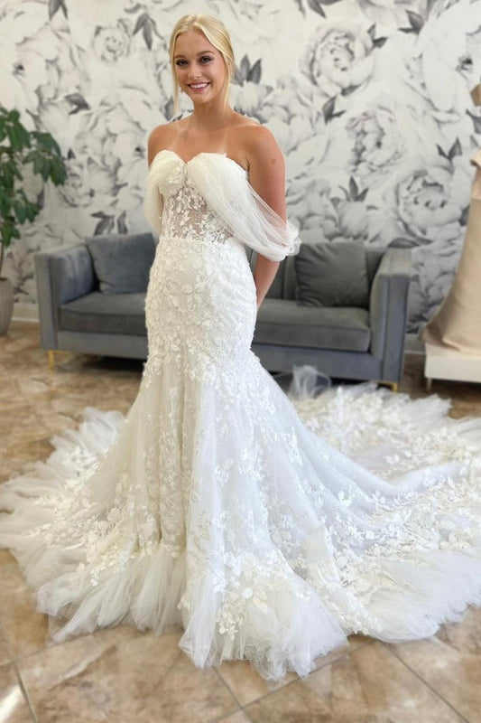 Ivory Tulle Appliques Off-the-Shoulder Mermaid Long Wedding Dress