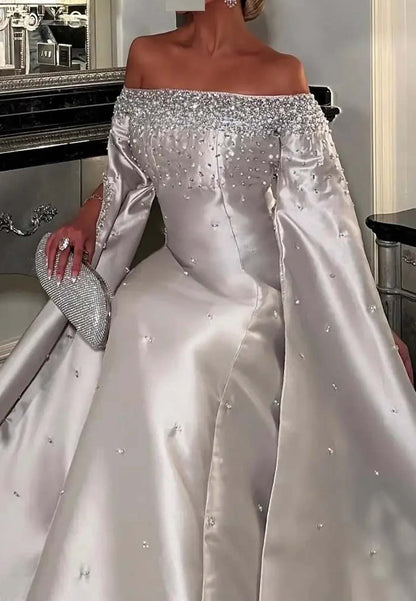 Silver Off Shoulder Beaded Sheath Bell Sleeves Long Formal Evening Dress