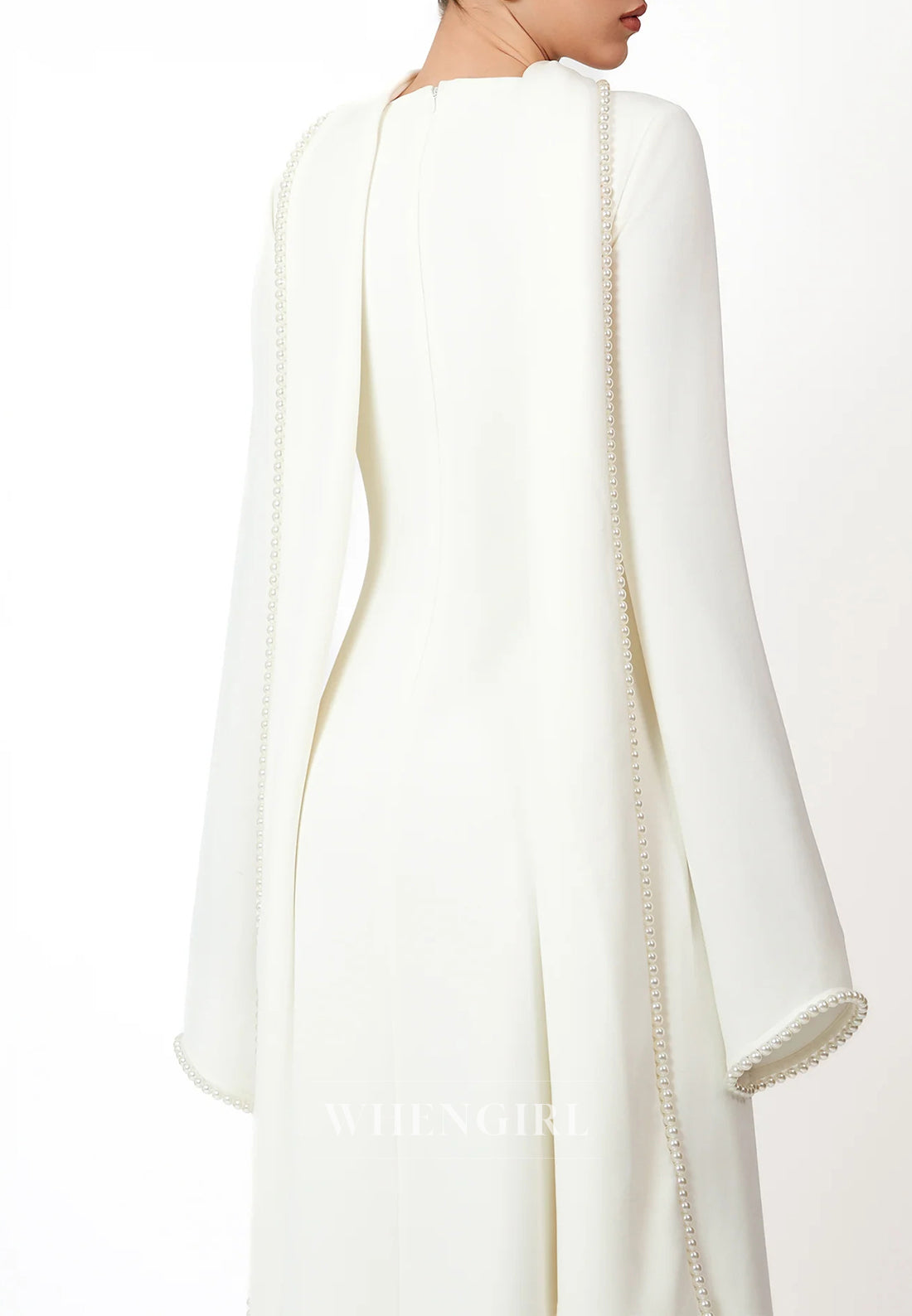 Column Bateau Neck Long Sleeves Pearl Beading Evening Dress with Scarf
