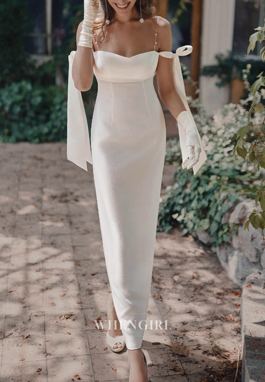 Column Simple Off Shoulder Sleeveless Ankle Length Wedding Dress