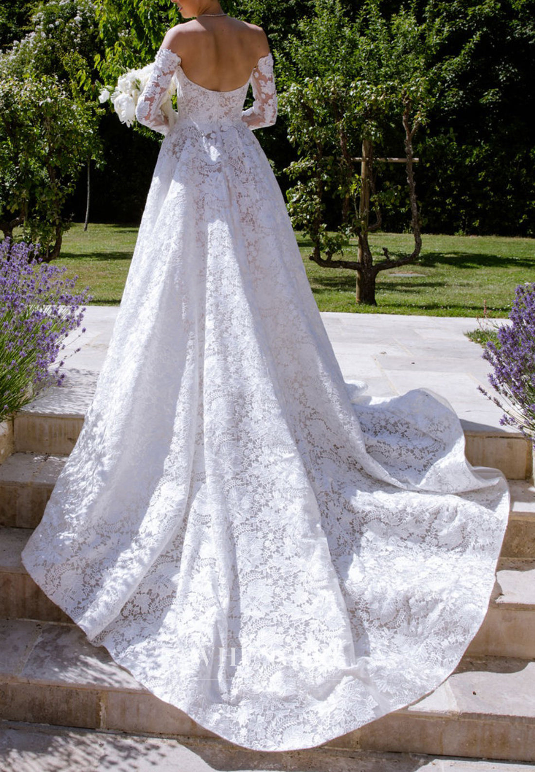 A-Line Appliqued Lace Off Shoulder Court Train Long Sleeves Wedding Dress