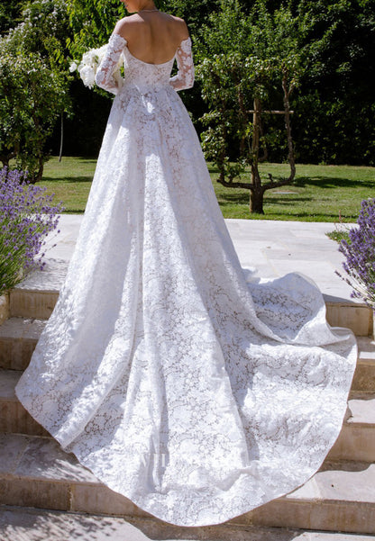 A-Line Appliqued Lace Off Shoulder Court Train Long Sleeves Wedding Dress