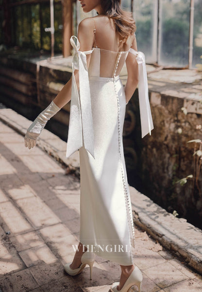 Column Simple Off Shoulder Sleeveless Ankle Length Wedding Dress