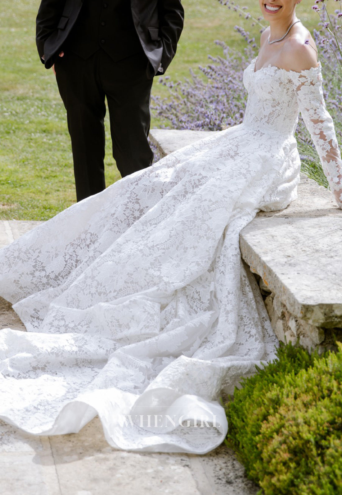 A-Line Appliqued Lace Off Shoulder Court Train Long Sleeves Wedding Dress