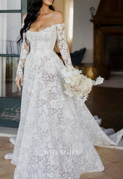 Off Shoulder A-Line Long Sleeves Lace Court Train Wedding Dress
