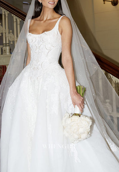 Sccop Neck Sleeveless Beaded Lace Ball Gown Wedding Dress