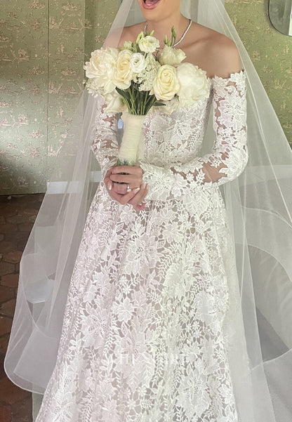 A-Line Appliqued Lace Off Shoulder Court Train Long Sleeves Wedding Dress