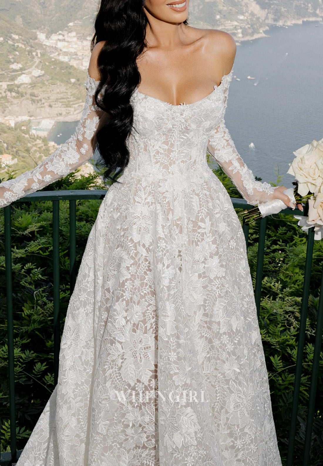 Off Shoulder A-Line Long Sleeves Lace Court Train Wedding Dress