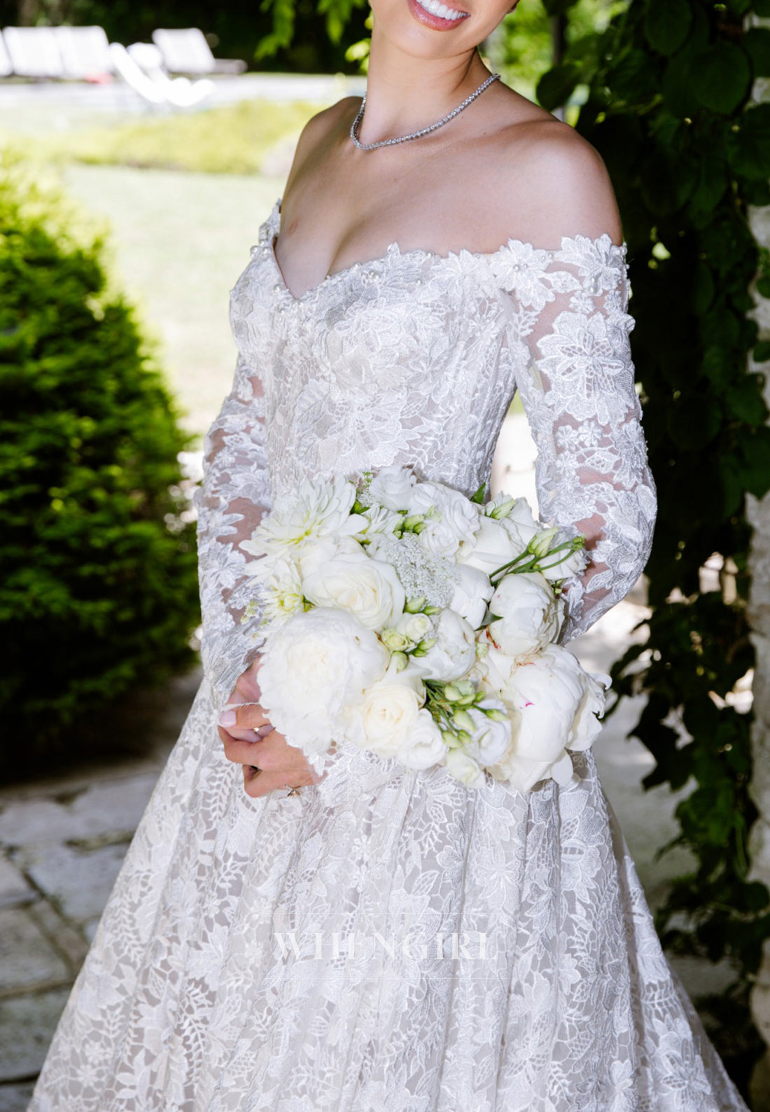 A-Line Appliqued Lace Off Shoulder Court Train Long Sleeves Wedding Dress