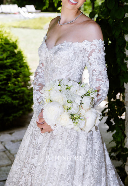 A-Line Appliqued Lace Off Shoulder Court Train Long Sleeves Wedding Dress