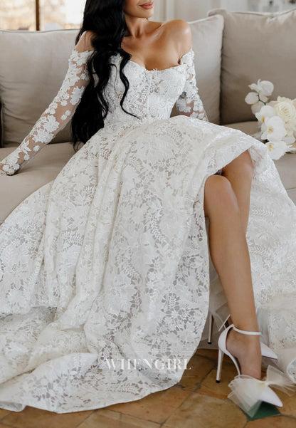 Off Shoulder A-Line Long Sleeves Lace Court Train Wedding Dress