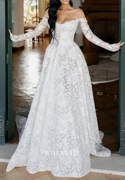 Off Shoulder A-Line Long Sleeves Lace Court Train Wedding Dress