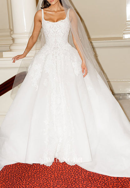 Sccop Neck Sleeveless Beaded Lace Ball Gown Wedding Dress