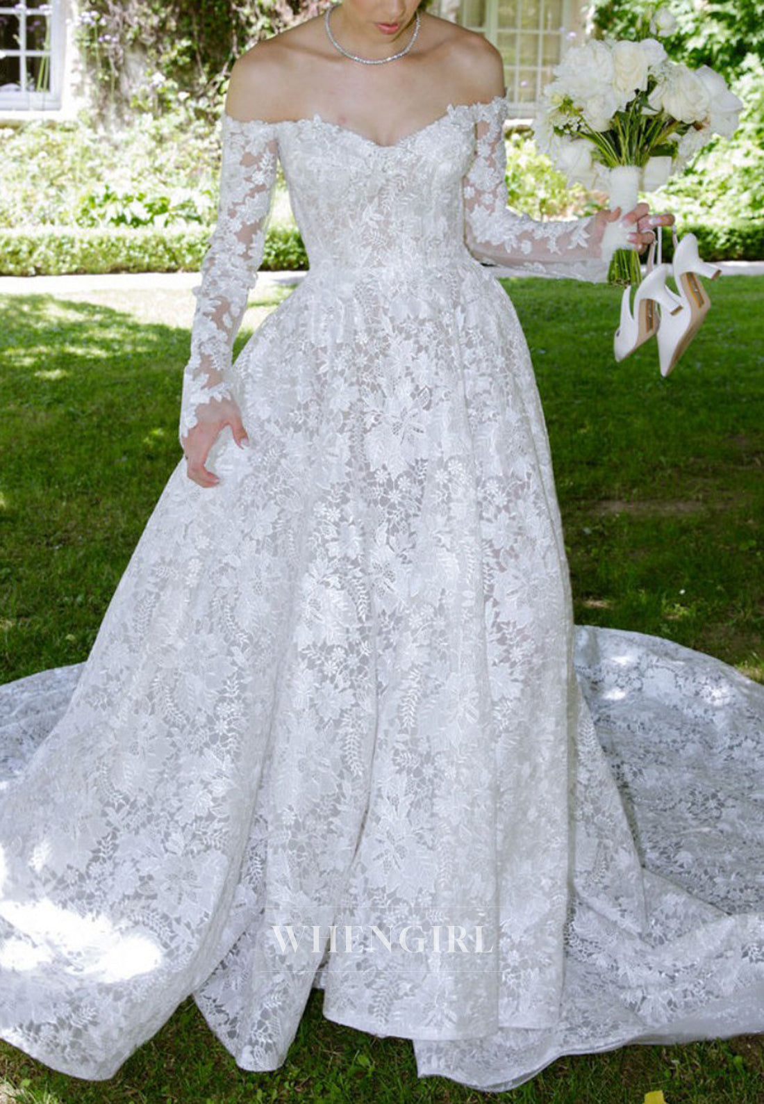 A-Line Appliqued Lace Off Shoulder Court Train Long Sleeves Wedding Dress