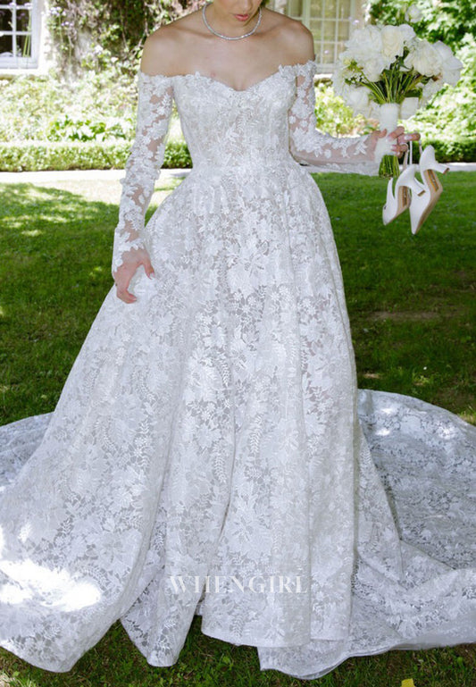 A-Line Appliqued Lace Off Shoulder Court Train Long Sleeves Wedding Dress