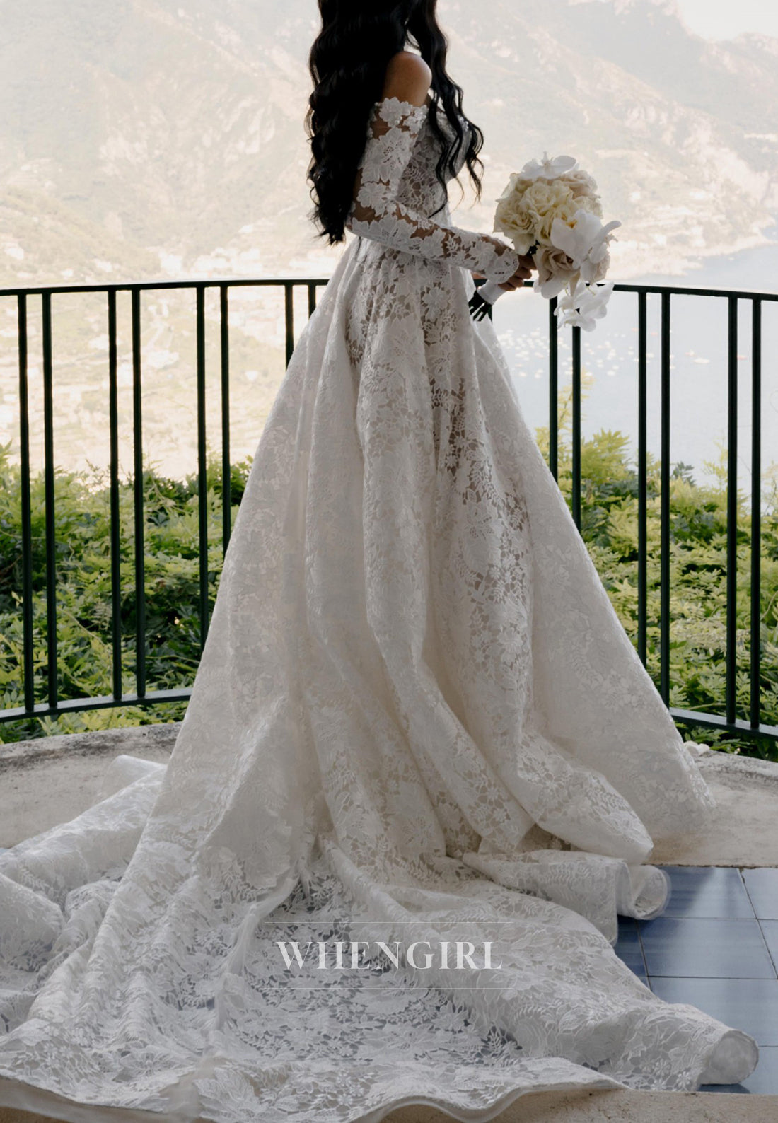 Off Shoulder A-Line Long Sleeves Lace Court Train Wedding Dress