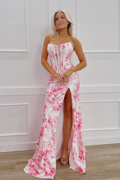 Cute Merrmaid Scoop Neck Floral Satin Long Slit Prom Dress