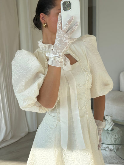 Vintage High Neck Puff Sleeves Short Wedding Dress with Gloves