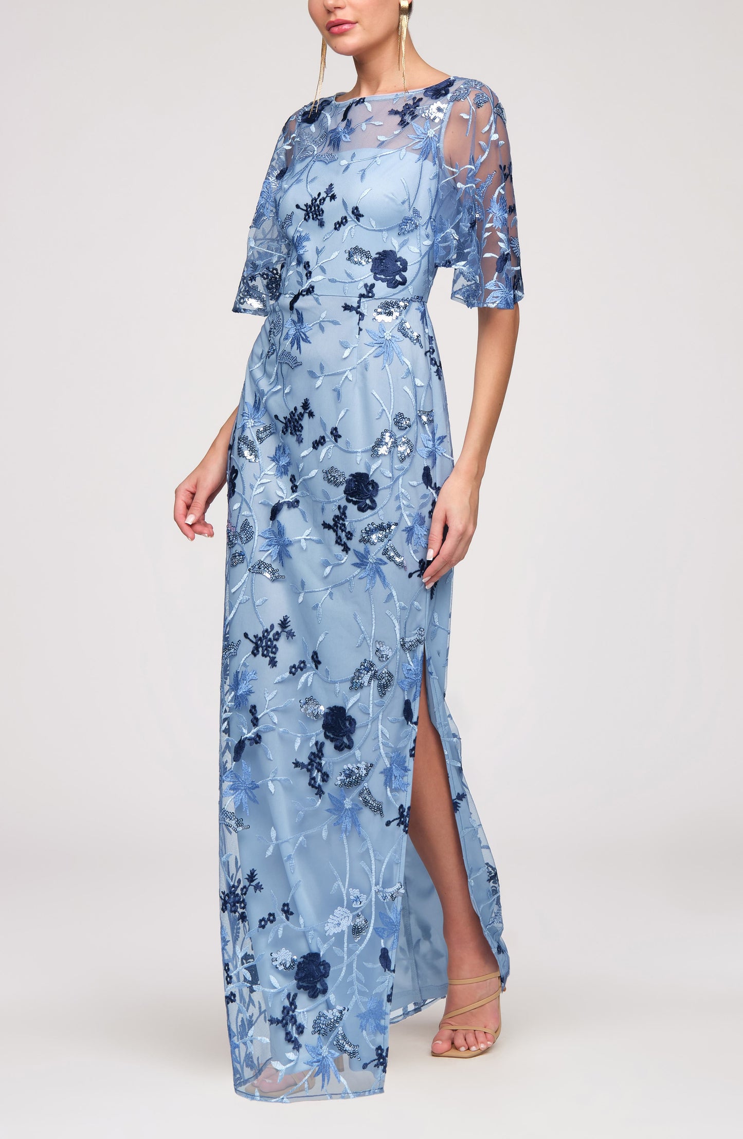 Blue Bateau Neck Short Sleeves Embroidered Sequin Column Gown